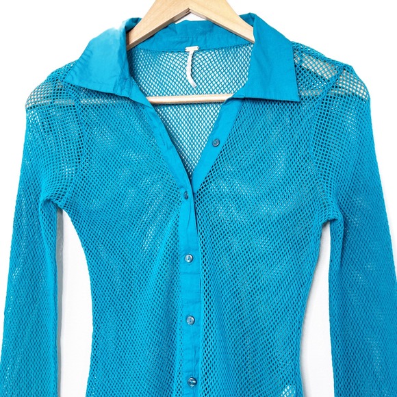 Free People Teal Blue Mesh Button Down Long Sleeve Sheer Cotton Top Size S/P - Picture 4 of 8